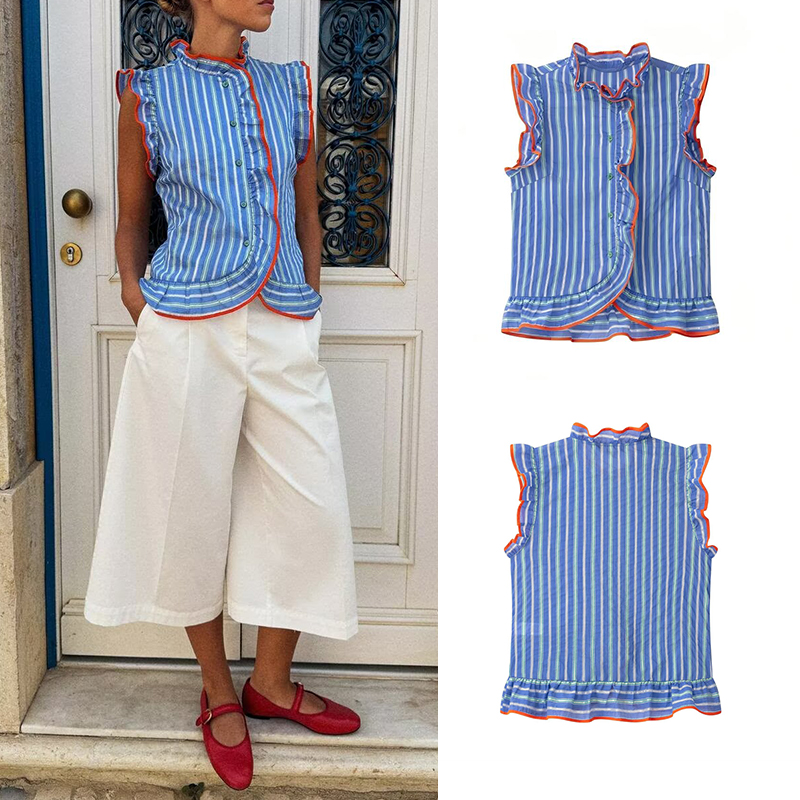 Shirt Camp Collar - Kadınlar için mavi dikey çizgili, fırfır
