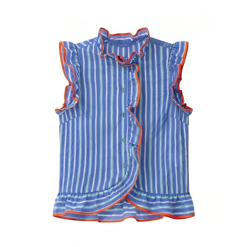 Kadınlar için mavi dikey çizgi - Shirt Camp Collar incelemesi ve fiyatı